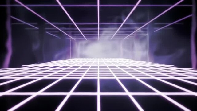 Futuristic digital grid tunnel with light and smoke, background for tech, gaming, design, or abstract use