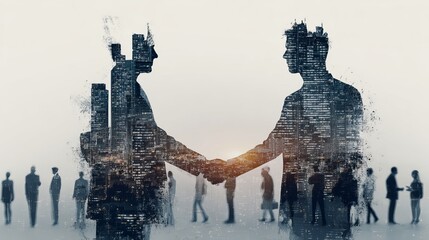 Dynamic business handshake silhouette with cityscape, symbolizing partnership and global success in modern finance, collaboration, and investment ventures