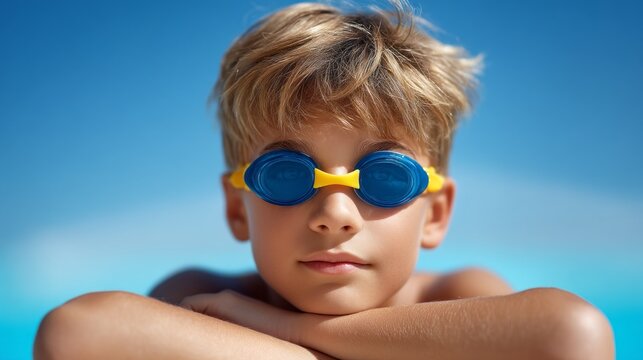 A young swimmer wearing blue goggles leans against the edge of a pool, enjoying a moment of rest. The clear blue sky adds to the cheerful summer atmosphere around the poolside