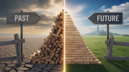 Embrace the future and leave the past behind using a new path, a conceptual journey towards progress, growth, and success, a motivational visual