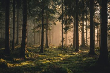 Obraz premium Quiet evergreen forest scene with grainy texture and nostalgic palette