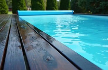 Blue automatic pool cover rolled partially. Clean water sparkles next to wet wooden deck. Outdoor swim area with modern safety equipment for secure relaxation and home comfort.