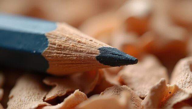 A close-up of a sharpened blue pencil with a dark tip resting on soft, curled wood shavings.