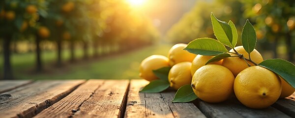 Ripe yellow lemons with green leaves sit on a rustic wooden table. Sunlight streams through a citrus grove creating a warm golden hour glow. Copy space for text.
