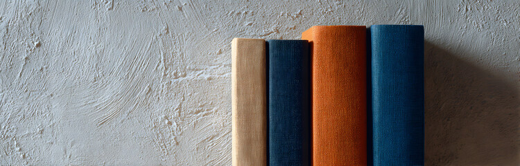 bright blue books and orange book standing vertically on a simple surface, set against an empty white textured wall, creating an abstract and minimalist design background