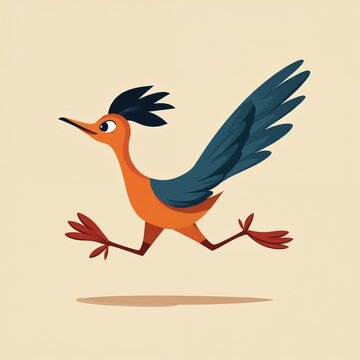 Cartoon roadrunner bird runs fast with motion blur lines. Small orange bird with blue wings and feather crest. Energetic animal sprint with long legs and tail. Fun, quick character race.