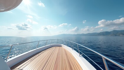 Bow of luxury yacht sails on deep blue ocean under sunny sky with scattered clouds. Distant mountains rise from coast with calm sea waves reflecting bright sun glare.