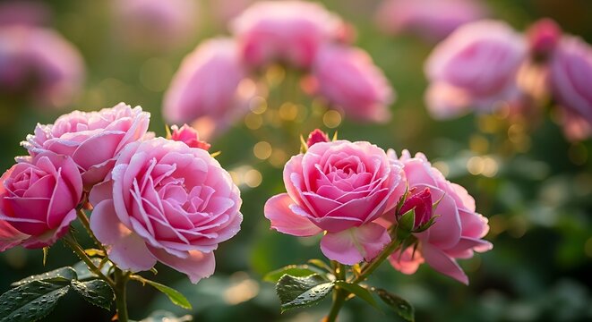 Beautiful pink roses bloom in a soft and warm light - Powered by Adobe