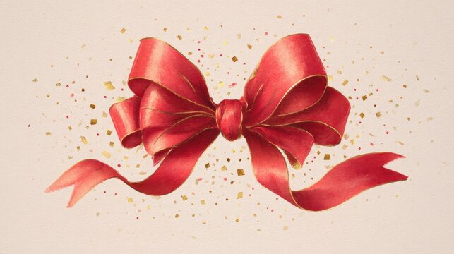 Red congratulatory ribbon with bow and confetti for celebration