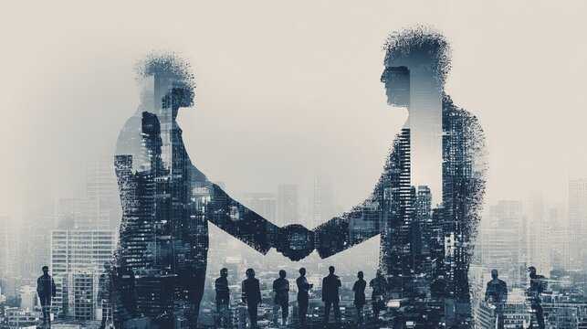 Modern business deal handshake with city skyline symbolizing partnership and global success, team of diverse professionals, achievement, and collaboration
