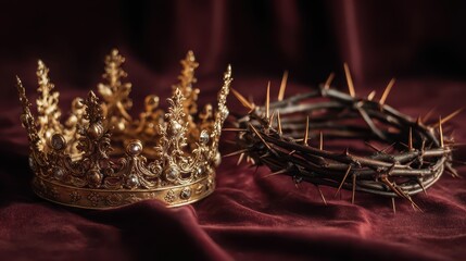 Regal Duel: Gold Royal Crown Meets Crown of Thorns on Velvet Backdrop