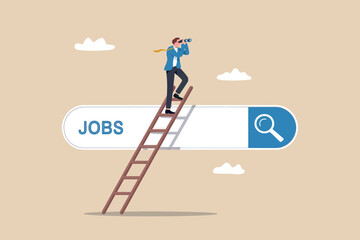 Businessman climbing ladder searching for job opportunities online.