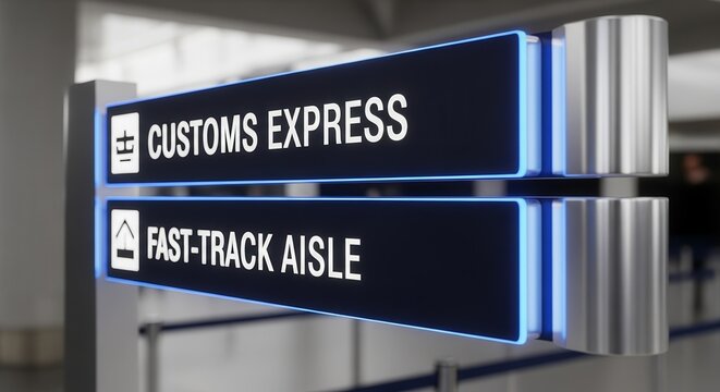 Airport Guidance Signs Pointing Toward Customs Express And Fast-Track Aisle Directions