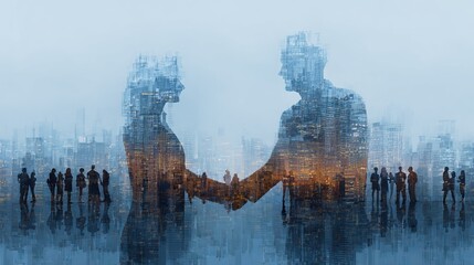 Dynamic business partnership with handshake forming city skyline, symbolizing global collaboration and future growth, inspiring trust and connection now