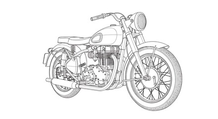 Detailed Line Art Illustration of a Classic Retro Motorcycle