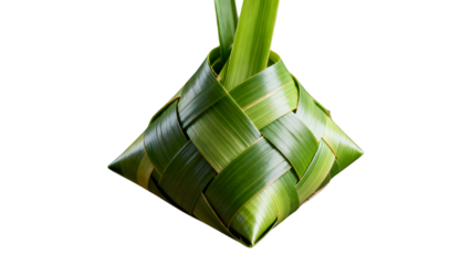 A meticulously woven green palm leaf container, often used for traditional food.
