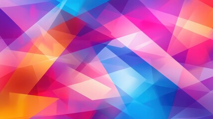 A vibrant abstract pattern of overlapping geometric shapes in shades of pink, blue, orange, and purple.
