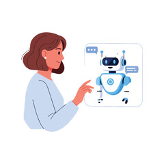 Woman interacting with a robot on a screen, possibly a chatbot or AI assistant.