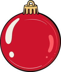 Red Christmas or New year tree ball. For holiday decor, greeting card, and classic winter design. Simple vector color illustration with outline in hand drawn style isolated on white
