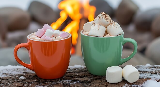 Cozy mugs of hot chocolate with marshmallows by a warm fire pit