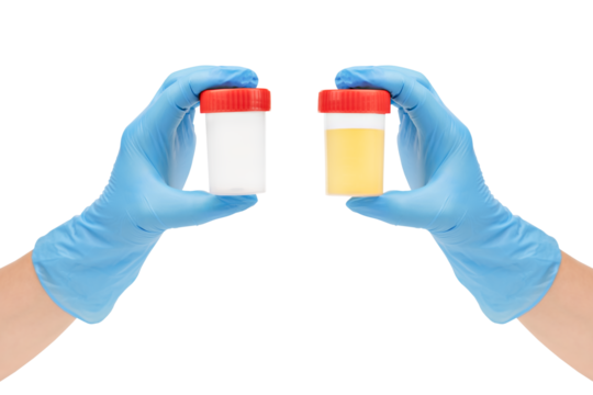 Hands in blue gloves holding empty urine sample container and urine test tube isolated on white background