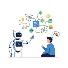 An advanced AI robot explains a complex data flowchart and network concepts to a curious man.