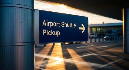 Airport Shuttle Pickup Signage With Arrow Pointing Right During Golden Hour Sunlight