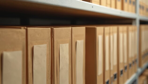 Row of brown archive folders on a metal shelf. Many cardboard boxes hold paper documents inside for storage. Organization system for office records.