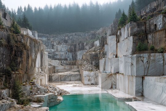 Rugged marble quarry landscape with terraced rock faces and clear water