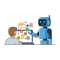 A person and a blue robot collaborating on a laptop, illustrating AI assistance, automation, and data management with various icons.