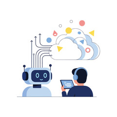 An illustration depicting a robot connected to a cloud, with a person using a tablet.