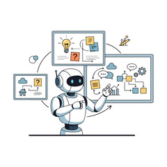 Robot brainstorming with idea boards, flowchart, and sticky notes.