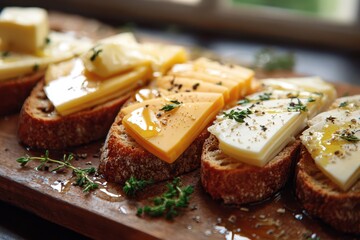 Rustic cutting board with cheese slices and crusty bread â€“ warm, inviting snack scene