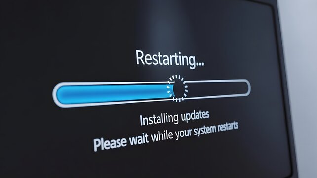 Restarting screen with loading progress bar on black background, computer reboot process, digital system restart, technology update, and software installation concept