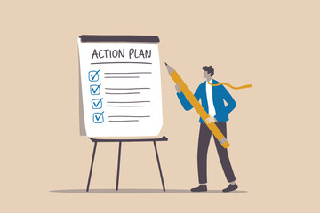 Man completes action plan tasks on whiteboard with a big pencil © Design gallery
