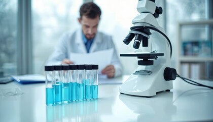 Scientist in lab coat examines papers near microscope and test tubes with blue liquid. Researcher works on science project. Medical lab equipment for analysis.