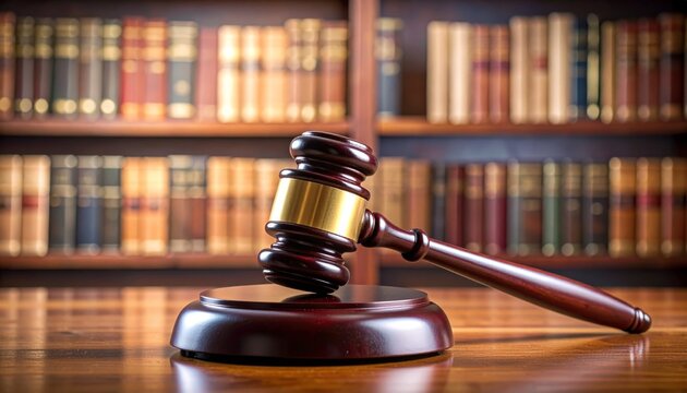 Symbol of legal authority, a wooden gavel rests beside law books in the courtroom concept of justice