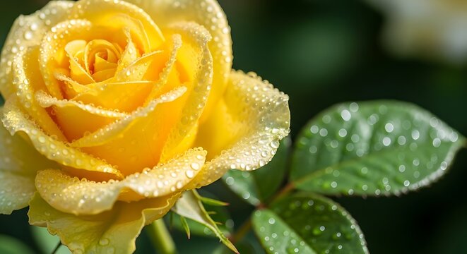 Beautiful yellow rose with water droplets in a garden setting - Powered by Adobe