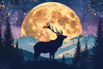 Fantasy illustration of deer silhouette in forest under full moon at night