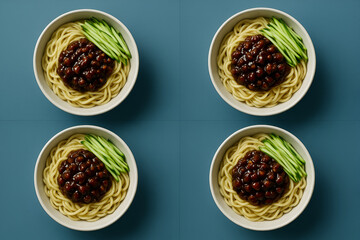 four Zhajiangmian on Blue Background - Feels like an image inserted in a magazine