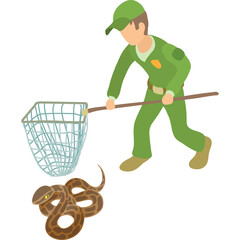 Man in green uniform with cap holding net to catch snake in a professional wildlife rescue scenario in daylight