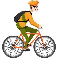 Man in Orange Shirt and Green Pants Riding Bicycle Wearing Orange Helmet and Sunglasses with Backpack