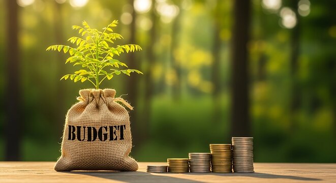 A small plant grows from a burlap sack labeled budget next to a stack of coins, symbolizing financial growth and savings