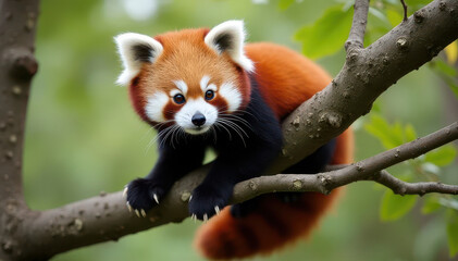 A red panda clings to a branch with striking orange fur and black limbs, curiously gazing amidst a lush green backdrop.