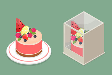 Fruit cake packed in a box with a transparent lid and a cake on a plate. Flat Isometric illustration bright yummy dessert.