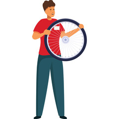 Man in Red Shirt and Blue Pants Holding a Bicycle Wheel with Red and White Spokes Against a White Background