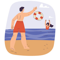 Man in Red Swim Trunks Throws Life Ring to Woman in Ocean on Sandy Beach Under Cloudy Sky