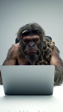 A humorous portrayal of a caveman engaging with modern technology in an office setting.