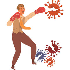 Man in Vintage Suit and Boxing Gloves Fighting Against Virus Microbes with Red and Blue Tones on Transparent Background