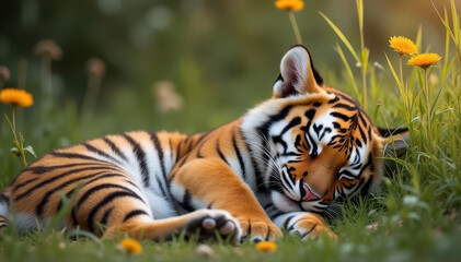 Fototapeta premium A young tiger with vibrant orange and black stripes rests peacefully in a grassy field, surrounded by yellow flowers.